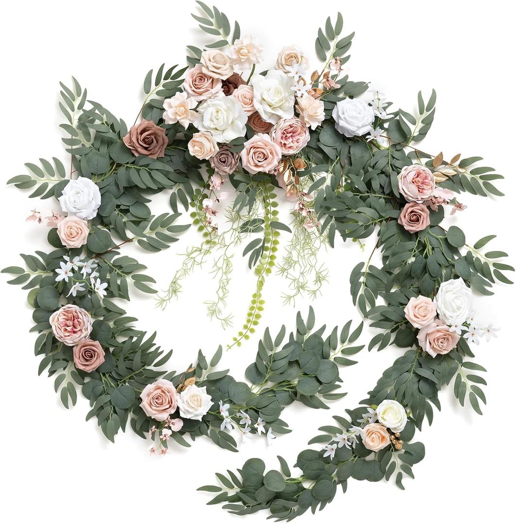 Ling's moment 9FT Spring Flower Garland for Backdrop Decorations - Wedding Arch Flowers, Eucalyptus & Rose, Artificial Floral Garland for Mantle - Sweetheart Table Decor for Reception, Dusty Rose
