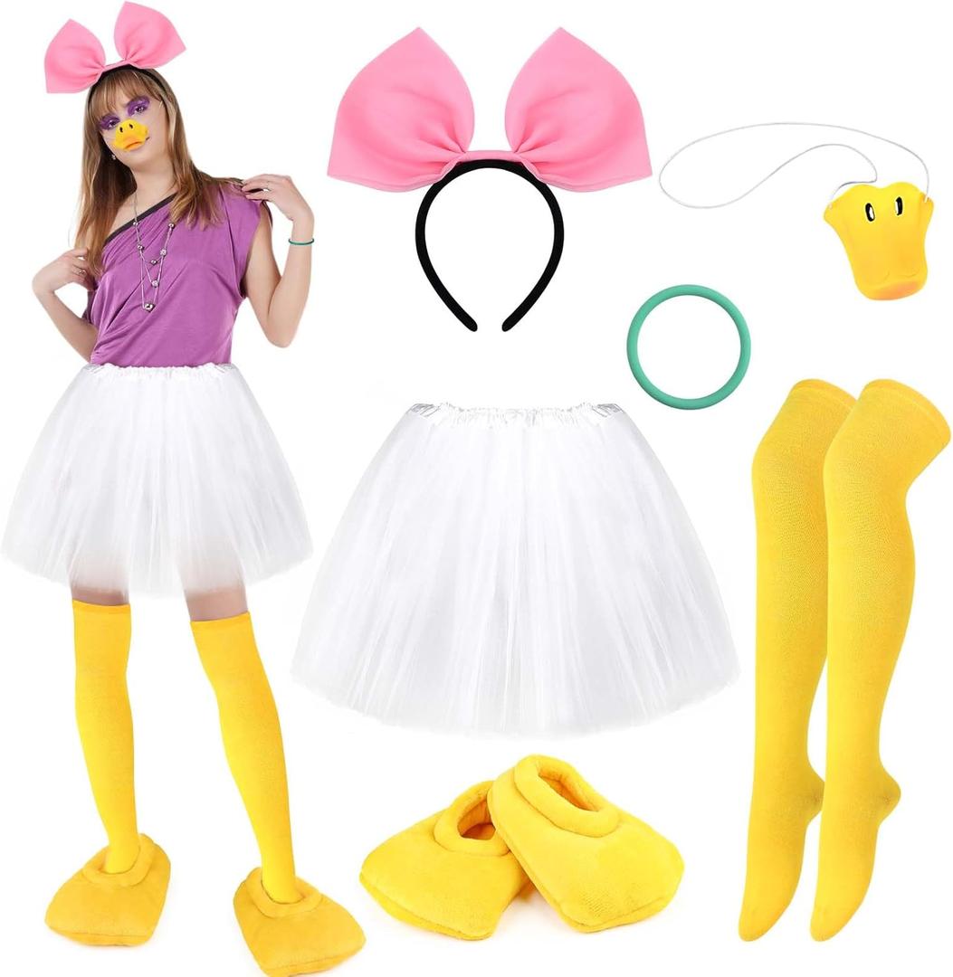 Honic 6 Pcs Halloween Costume Accessories Set - Women's Big Pink Bowknot Headband, Duck Nose Mask, Duck Feet Slippers, Yellow Socks, Rubber Bracelet, Tutu Skirt for Party Dress Up Cosplay