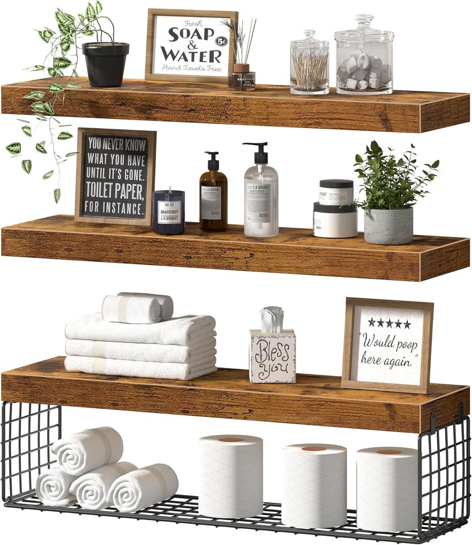 QEEIG Bathroom Shelves 24 inches Long - Floating Shelf for Wall Over Toilet Paper Storage Basket Farmhouse Set of 3, Rustic Brown (019-60BN3)