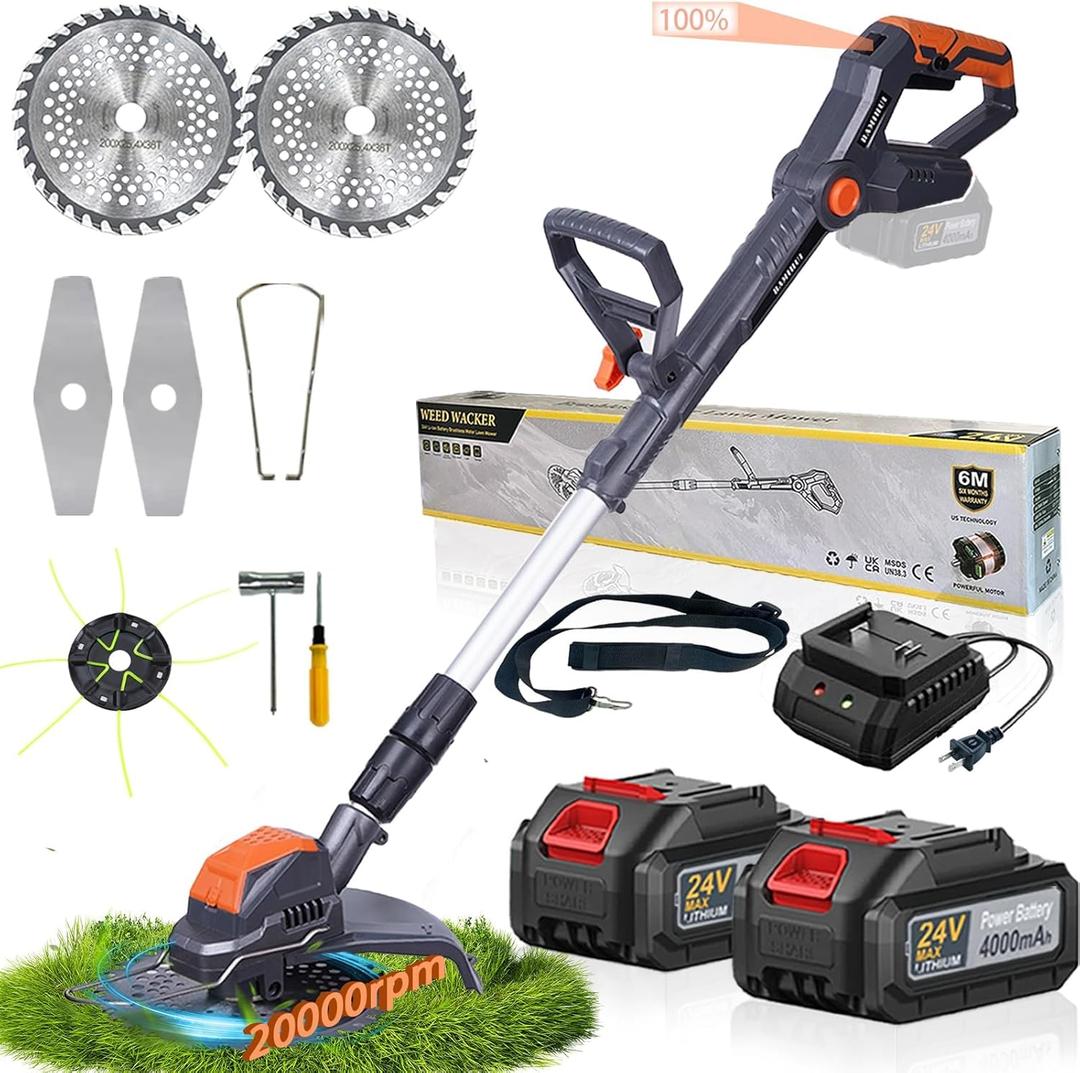 Electric Weed Wacker Cordless,24V Weed Cordless Eater Battery Powered,Weed Cutter with 2Pcs 4.0Ah Batteries,1300W Motor,2 Types Blades,Grass/String Trimmer Lawn for Yard and Garden (Gray)