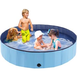 Eooqi Foldable Dog Pool, Portable Pet Bath Tub and Kiddie Swimming Pool, Collapsible Bathtub for Puppies, Small, Medium and Large Dogs, Cats and Kids, 87 x 12 in, Blue