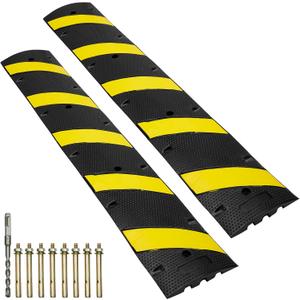VEVOR 2PCs 6 ft/72'' Rubber Speed Hump, 2 Channel, 22000 lbs Capacity Heavy Duty Traffic Speed Bump, with High Reflective Yellow Strip 8 Expansion Screws and 1 Drill, for Asphalt Concrete Gravel Roads