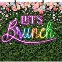 Riyidecor Green Leaves Let's Brunch Backdrop Polyester Fabric Neon Pink Rainbow Floral 7Wx5H Feet Greenery Photography Background Grass Lawn Women Brunch Party Photo Studio Shoot