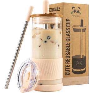 Pandaloo Glass Cups With Lids and Straws -20 Fl Oz- Perfect Size Iced Coffee Cup - Smoothie Cup With Bamboo Lid and On the go Lid - Glass Tumbler With Straw (Pack of 1, Vanilla Cream)