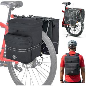 Nomad USA 34L Bicycle Saddlebags Pair XL 2-in-1 Bike Panniers Converts to Backpack Carry Bag Reflective Everyday Scooters Commuters Bike Rear Rack Bag w/Rain Cover for Students,City,Road,Mountains