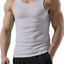 Men's Ribbed Tank Tops Knit Casual Sleeveless Workout Muscle T Shirt Gym Undershirts Beach Tank (White)