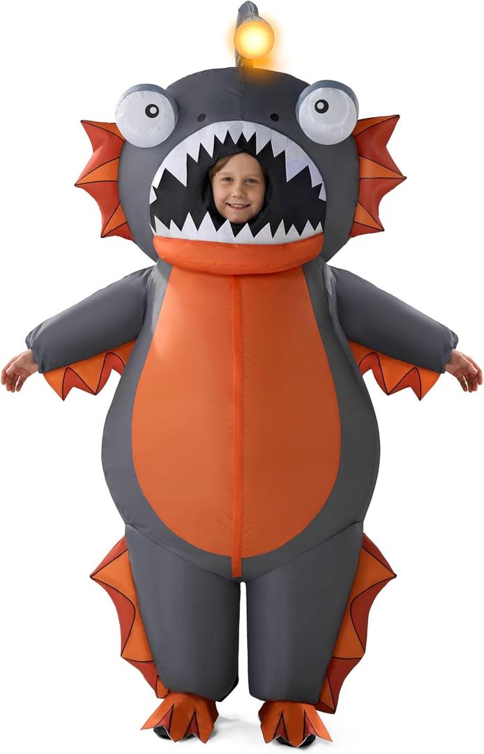 Spooktacular Creations Kids Inflatable Costumes, Anglerfish 60" Fullbody Light-up Halloween Inflatable Costume, Brown Anglerfish Blow-up Costumes for Halloween Cosplay Party, Themed Party