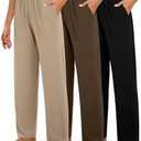 Leg Pants for Women - Casual Soft High Waist Lounge Pants Loose Comfy Stretchy Trousers , Size M, Brown, Black, Beige, 3 psc