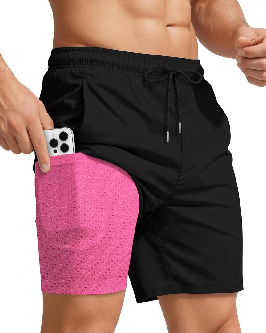 Yufawow Men Swim Trunks with Compression 7 Inches Breathable Liner Quick Dry Zipper Pockets for Board Beach Gym Running (X-Large, Pure Black Rose)