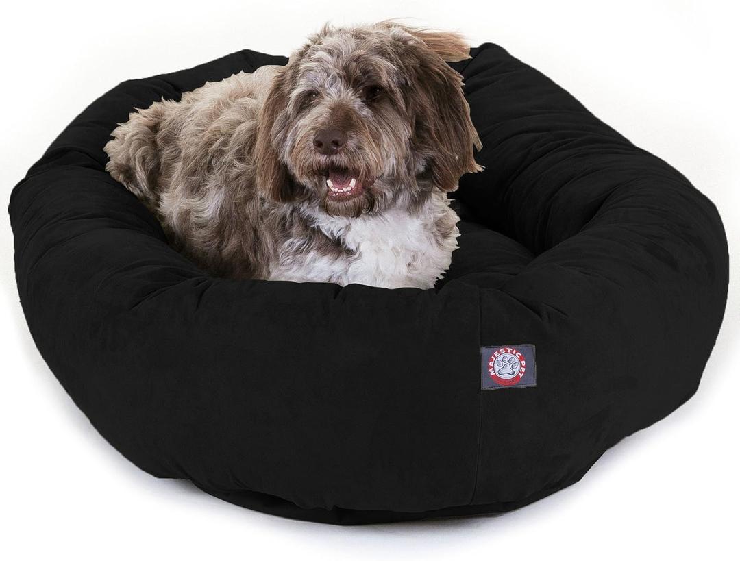 Majestic Pet 52 Inch Suede Calming Dog Bed Washable 52x35x11 (Inch)  Cozy Soft Round Donut Dog Bed with Spine Support for Dogs to Rest Their Head - Pet Bed X- Large  Black