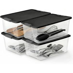 HOMZ 4-Pack Secure Latch, Clear Plastic Storage Organizer Bins, 15 Quart, Gray Lid - Stackable Container Boxes for Bedroom, Bathroom, Garage, and Office Organization