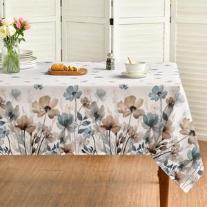 Horaldaily Vintage Tablecloth 52x70 Inch Rectangular, Watercolor Flowers Washable Seasonal Table Cover for Party Picnic Dinner Decor (Beige)