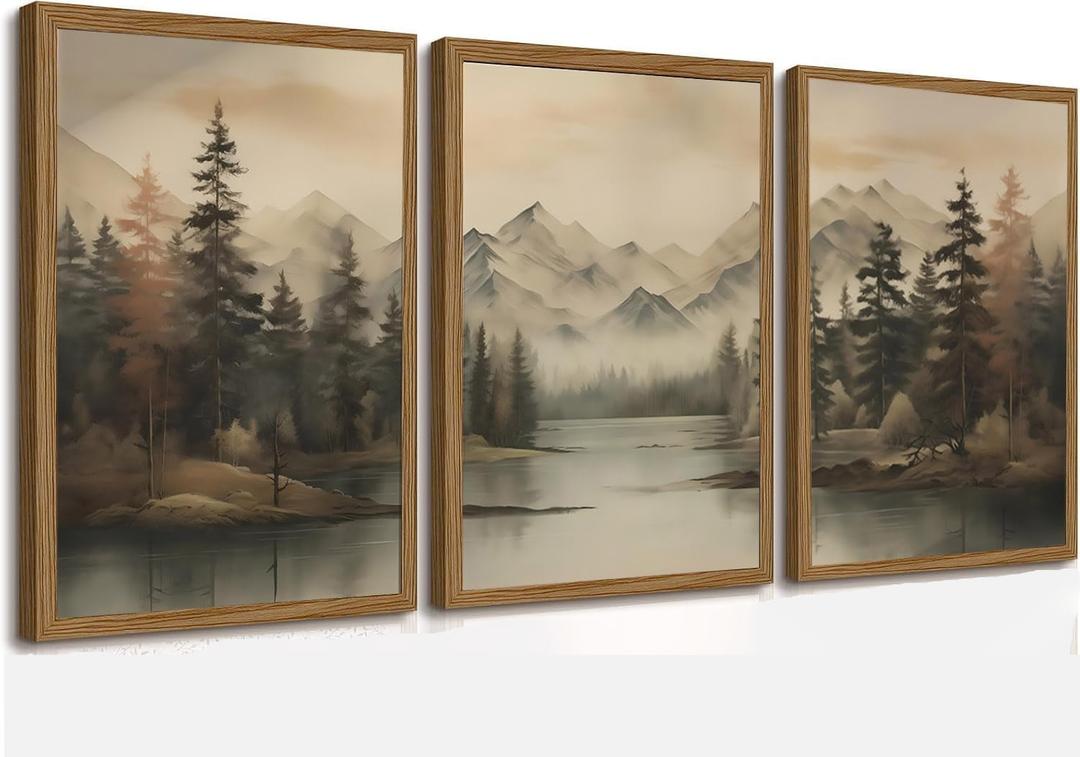 Framed Mountain Landscape Wall Art Canvas Print Vintage Forest Lake Nature Painting Picture Ready to Hang Living Room Bedroom Office Decor 12x16 Inches
