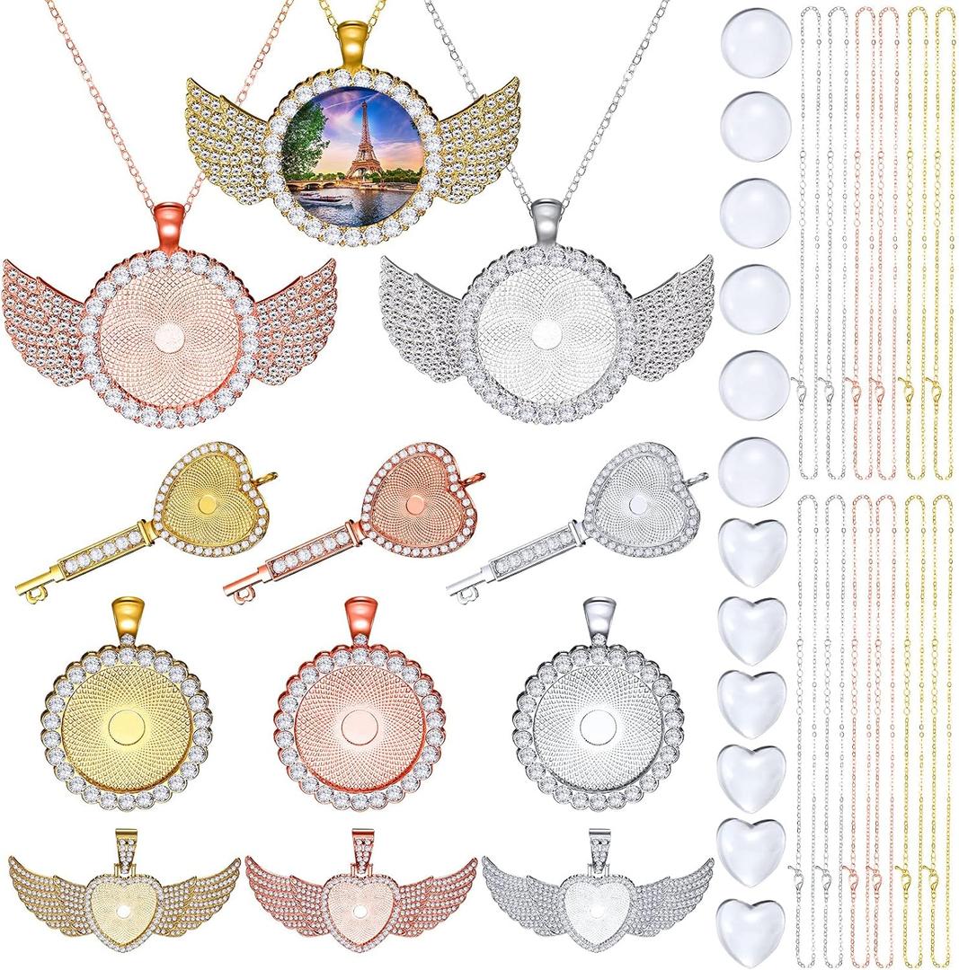 Hicarer 36 Pieces Rhinestone Wing Bezel Pendant Trays Clear Glass Cabochons Lobster Clasp Link Necklace Chain for DIY Jewelry Craft Wedding Bride Shower Bridesmaids Gifts