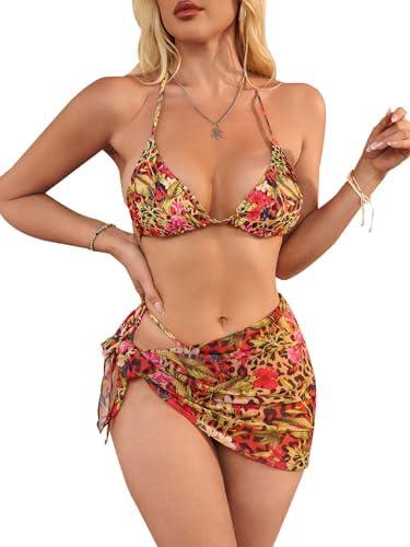 SOLY HUX Women's 3 Piece Swimsuits Print Halter Triangle Tie Side Bikini Bathing Suit with Cover Up Beach Skirt Medium