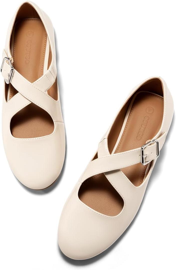 Coutgo Women's Ballet Flats Comfortable Closed Round Toe Criss Cross Ankle Strap Dress Dance Flat Shoes (6.5, Beige)