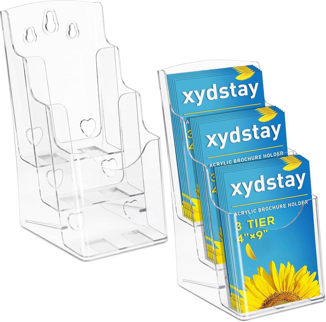 xydstay Acrylic Brochure Holder 4 x 9 Inch, 3-Tier Clear Pamphlet & Flyer Display Stand, Self-Standing Literature Holder for Countertop or Wall Mount, 2 Pack