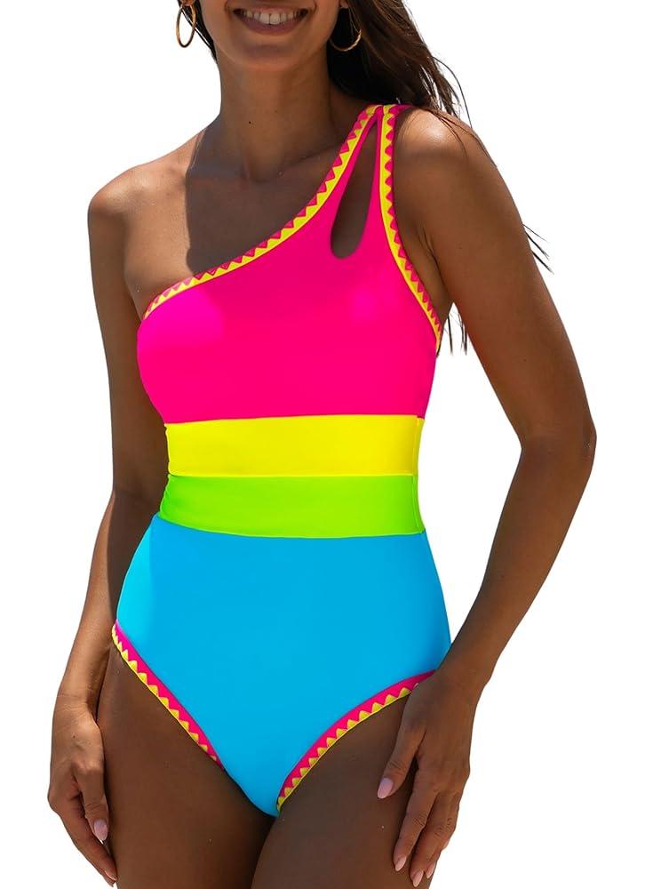 Popvil One Piece Swimsuit 2025 Tummy Control Women Bathing Suit Shapewear Swimsuits Slimming Neon Cute Tie Back Swimwear, Size L-XL