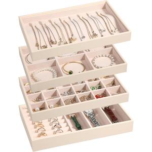 LANDICI Stackable Jewelry Organizer Trays 4 Set,PU Leather Jewelry Organizer Drawer,Jewelry Storage Display Tray for Earring Necklace Rings Bracelet with Removable Dividers,Apricot