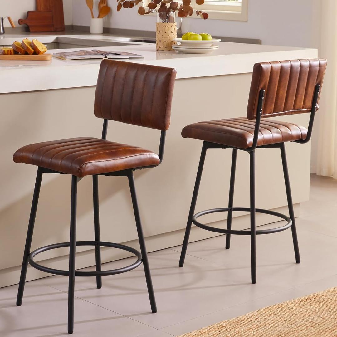 Swivel Counter Height Barstool with Back, Upholstered 26'' Counter Stool with Metal Frame, Channel Seat Back, Faux Leather Dark Brown
