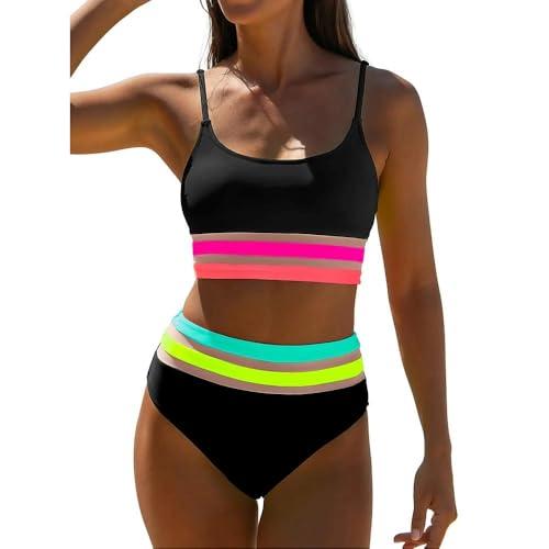 popvil Women's High Waisted Bikini Sets Neon Modest Two Piece Swimsuit Highwaisted 2026 Full Coverage Adjustable Straps Bathing Suit Beach Summer Black, M