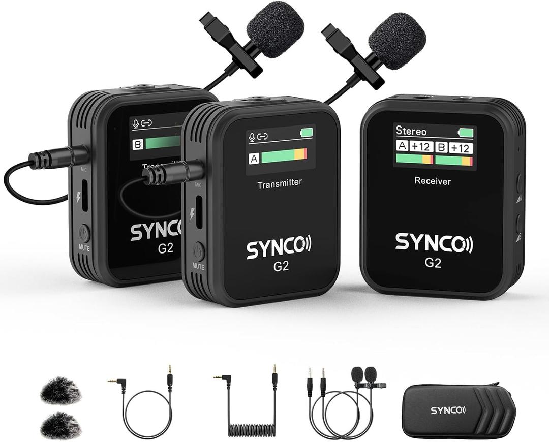 SYNCO Wireless Lavalier Microphone, G2(A2) 2.4G Dual Transmitter 48KHz 24Bit Lapel Mic 656FT 8H for Online Class Vlog Stream YouTube for Camera Smartphone Tablet (Standard, without charging case)