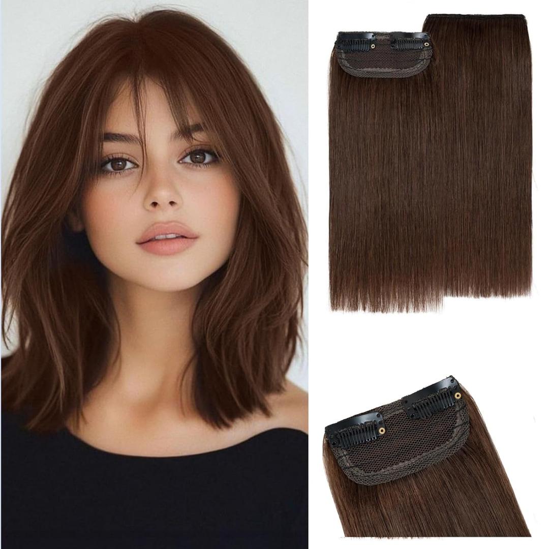 S-noilite 2 pieces 6 inch Clip In Short Hair Extensions 100% Remy Human Hair Invisible Mini Short Clip in Hairpiece for Women with Thinning Hair Meduim Brown