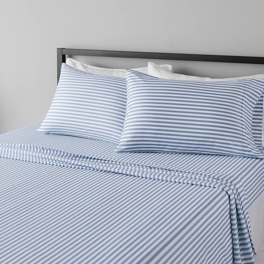 Amazon Basics Lightweight Breathable Super Soft Microfiber 4 Piece Bed Sheet Set, Wrinkle Resistant With 14-inch Deep Pockets - Queen, Dusty Blue Pinstripe, Printed