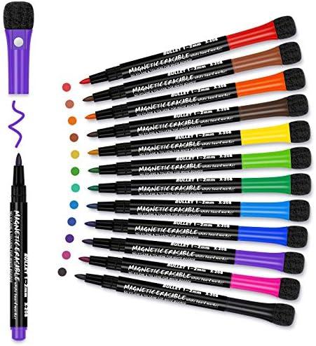 Magnetic Dry Erase Markers Fine: 12 Colors Erasable Whiteboard Markers Fine Point with Eraser Cap, Low Odor White Board Dry Erase Pens Fine Tip for Teachers, Home, Office and School Supplies