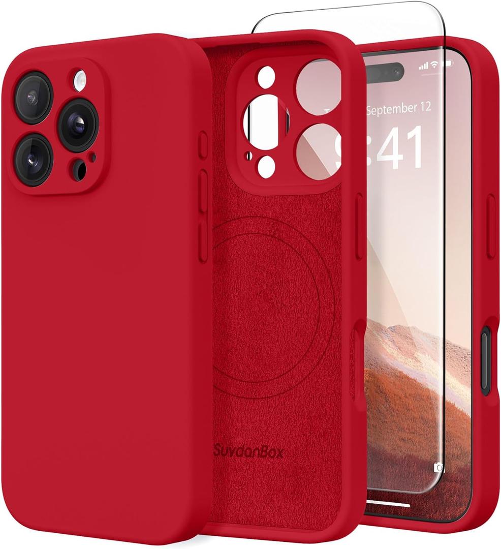 Magnetic for iPhone 16 Pro Case, Compatible with MagSafe, [Full Camera Protection][Screen Protector] Silicone Shockproof Protective Phone Case for iPhone 16 Pro 6.3", Deep Red