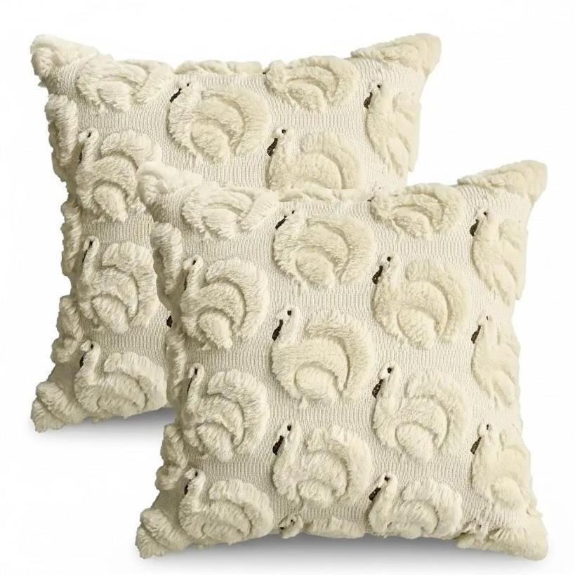 AVOIN colorlife Thanksgiving Gobble Turkey Beige Throw Pillow Covers, 12 x 20 Inch Seasonal Autumn Fall Harvest Soft Plush Faux Fur Jacquard Cushion Case Decoration for Sofa Couch Set of 2