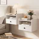 Floating Nightstand Set of 2 Modern Night Stands with Drawer and Open Shelf Cubby Small Bedside End Table with Charging Station Wall Mounted Nightstands Set 2 for Bedroom White