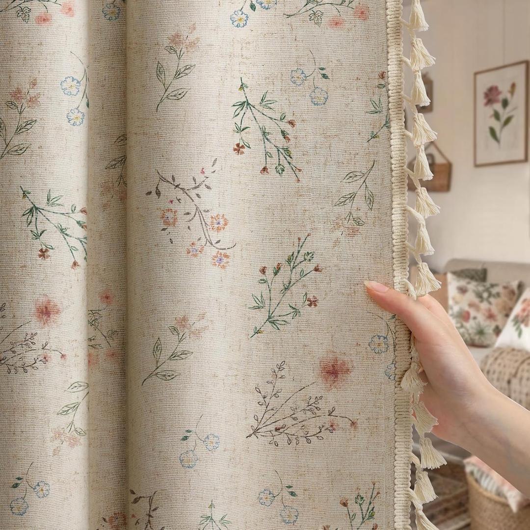 Boho Floral 100% Blackout Curtains 84 Inch Length 2 Panels Set, Linen Texture Farmhouse Curtains Beige Tassel for Living Room Bedroom Vintage Rustic Patterned Printed Western Rod Pocket