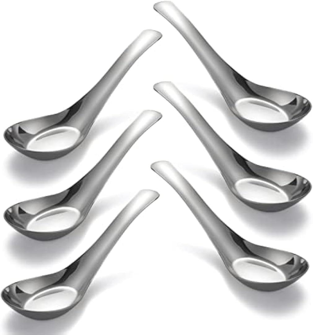 Soup Spoons Stainless Steel Dinner Spoons Set of 6 Chinese Soup Spoon Mirror Polished Asian Soup Spoons for Bouillon Dessert Cereal Thai Miso Ramen (Medium)