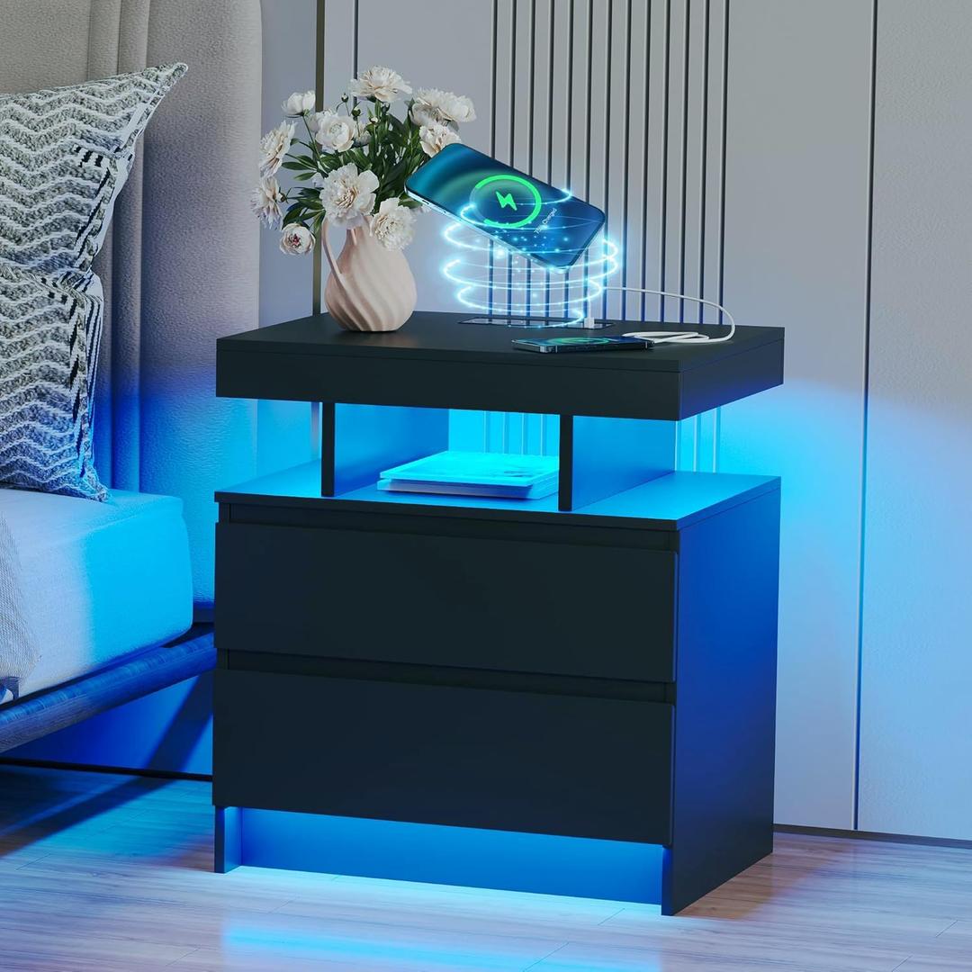 dnbss Nightstand with Charging Station and LED Light, Modern Night Stand with 2 Drawers, Smart Nightstand with USB Ports and Wireless Charger, Bedside Table for Bedroom (Black), 19.69 inches x 15.75 inches x 22.83 inches