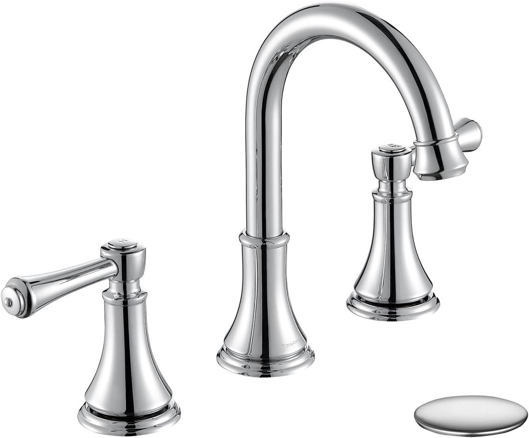 TimeArrow Chrome Two Handle 8 inch Widespread Bathroom Sink Faucet 3 Holes with Pop-Up Drain, High Arc Modern Bathroom Vanity Faucet with Brass 360 Swivel Spout,TAF830Y-CP