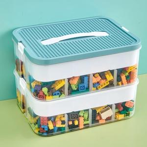 Toys Organizer Storage Case for Lego Box Kids Toy Stackable Building Blocks with Lids Bins Adjustable Lego Storage Containers Plastic Toy Box 2 Layers (Olive Green)