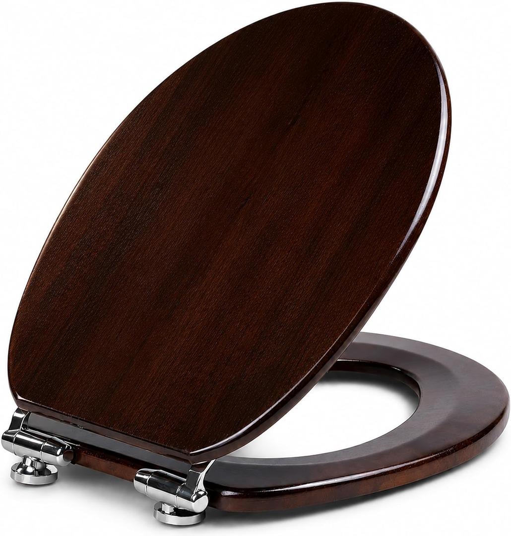 Solid Wood Elongated Toilet Seat with Soft Close Hinges, Decorative Style, Natural Wood, 18.5 x 34 Inches (Dark Brown)