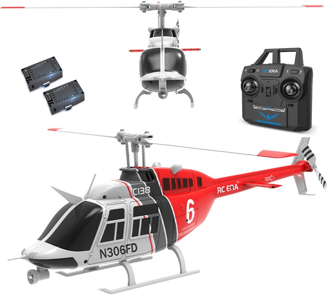 C138 Bell206 Remote Controlled Helicopter Aircraft Plane RC Heli Aileronless 6CH 6-Axis Gyroscope Altitude Hovering Add Optical Flow Localization 2Battery for Adults Beginners (Red)