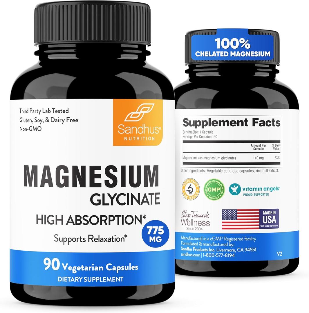 3 x Sandhu's Superior Absorption Magnesium Glycinate 775mg|140mg Elemental Magnesium Capsules|90 Count, 90 Days Supply|Supports Restful Sleep & Muscle Health |Pure, Non GMO & Gluten Free