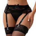 comeondear Women Floral Lace Garter Belt with Thong Plus Size Suspender Belt Set with 4 Straps Metal Clip for Stockings (Black, S)