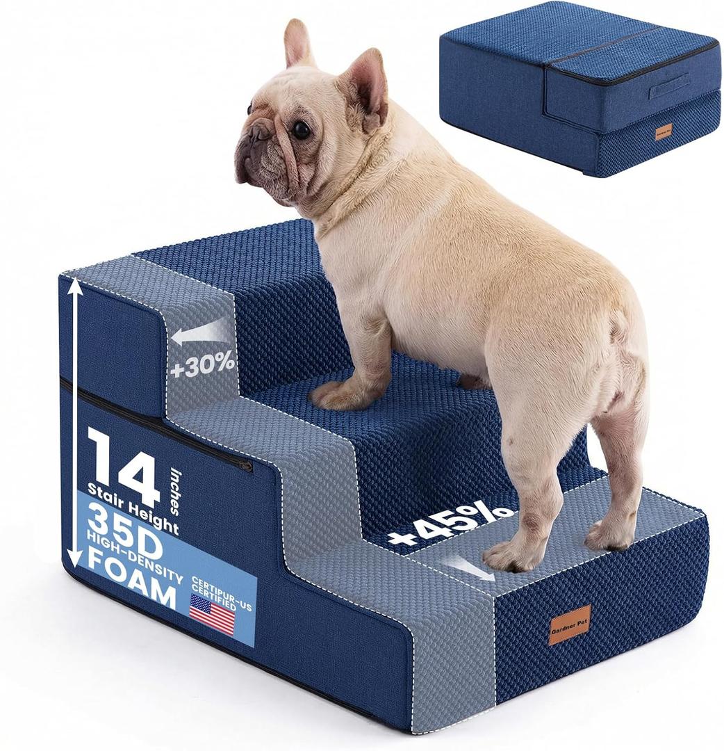 Gardner Pet Dog Stairs for Small Dogs 14" H, 3-Step Extra Wide Dog Steps for Bed, Pet Stairs for Bed and Couch with Durable Non-Slip Waterproof Fabric Cover and Soft Foam, Navy (18"x22"x14")