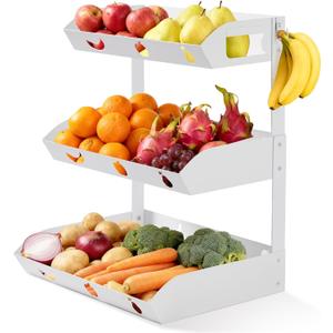 GOENDR Fruit Basket for Kitchen Counter 3 Tier Metal Fruit Bowl with Banana Hanger, Convertible to 2 Tier, Large Capacity Countertop Organizer for Fruit Vegetables Bread Snack Produce Storage