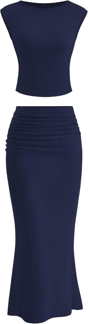 PRETTYGARDEN Skirt Sets Women 2 Piece Outfits Summer Outfits 2025 Going Out Crop Tops Long Maxi Skirts Beach Vacation Clothes (Small, Navy)