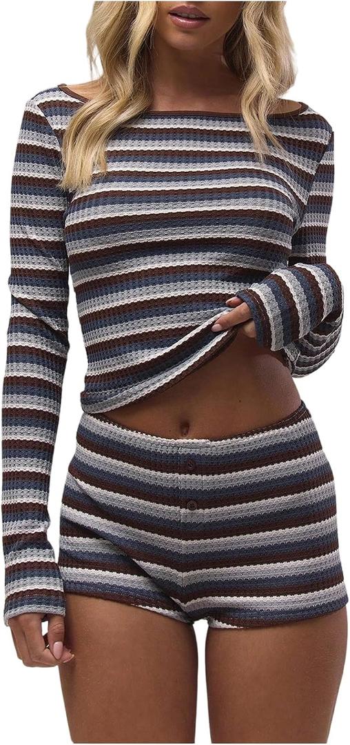 SOLY HUX Women's Long Sleeve Striped T Shirts Boat Neck Slim Fit Tees Going Out Crop Top (M)
