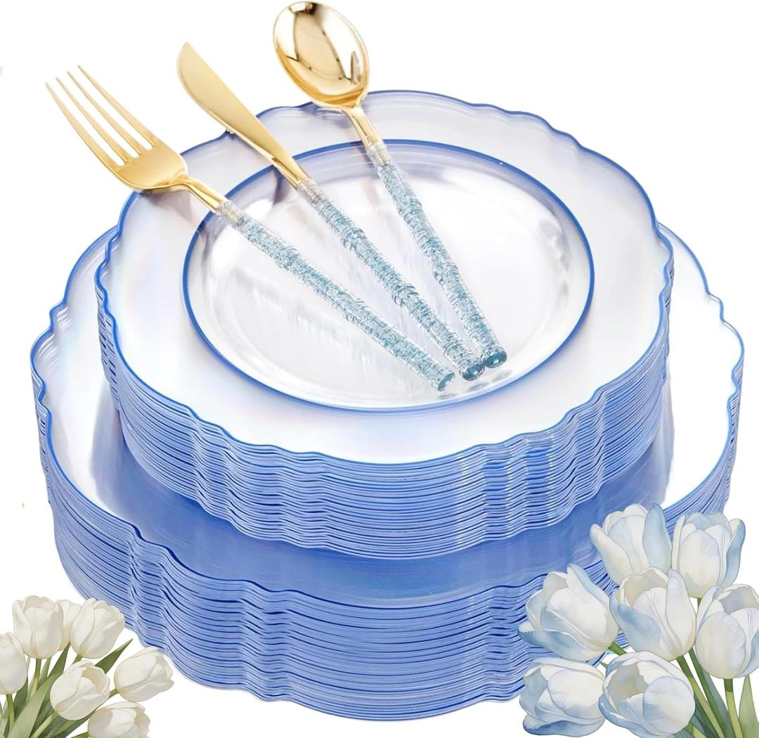 Liacere 150PCS Clear and Blue Plastic Plates-Clear and Blue Disposable Plates with Glitter Bamboo Handle Cutlery-60 Baroque Elegant Plates, 30 Forks, 30 Spoons, 30 Knives for Wedding&Party&Mothers Day