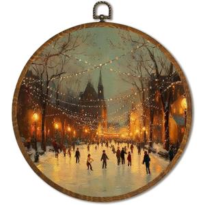 Vintage Winter Wall Art Decor 10x10Inch, Ice Skating Circular Wall Art Framed Canvas Print Decor, Winter Skating Scene Wall Art Decor for Christmas Lights(Skating)