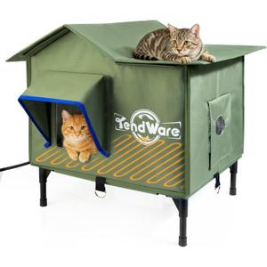 TENDWARE Outdoor Cat House Heated Cat House for Outside with Elevated Base Cat-Attracting Eave Design Feral Stray Shelter Weatherproof in Winter Garage Yard Porch (21" x 17" x 17")