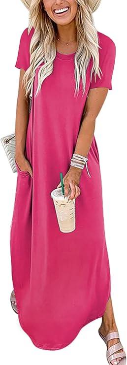 ANRABESS Womens Summer Maxi Dress Short Sleeve Casual Loose Long T Shirt Dresses Split Vacation Beach Sundress Travel Outfits L