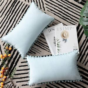Throw Pillow Cases 12x20 Light-Blue: 2 Pack Cozy Soft Pom-poms Velvet Rectangular Decorative Pillow Covers for Farmhouse Home Decor